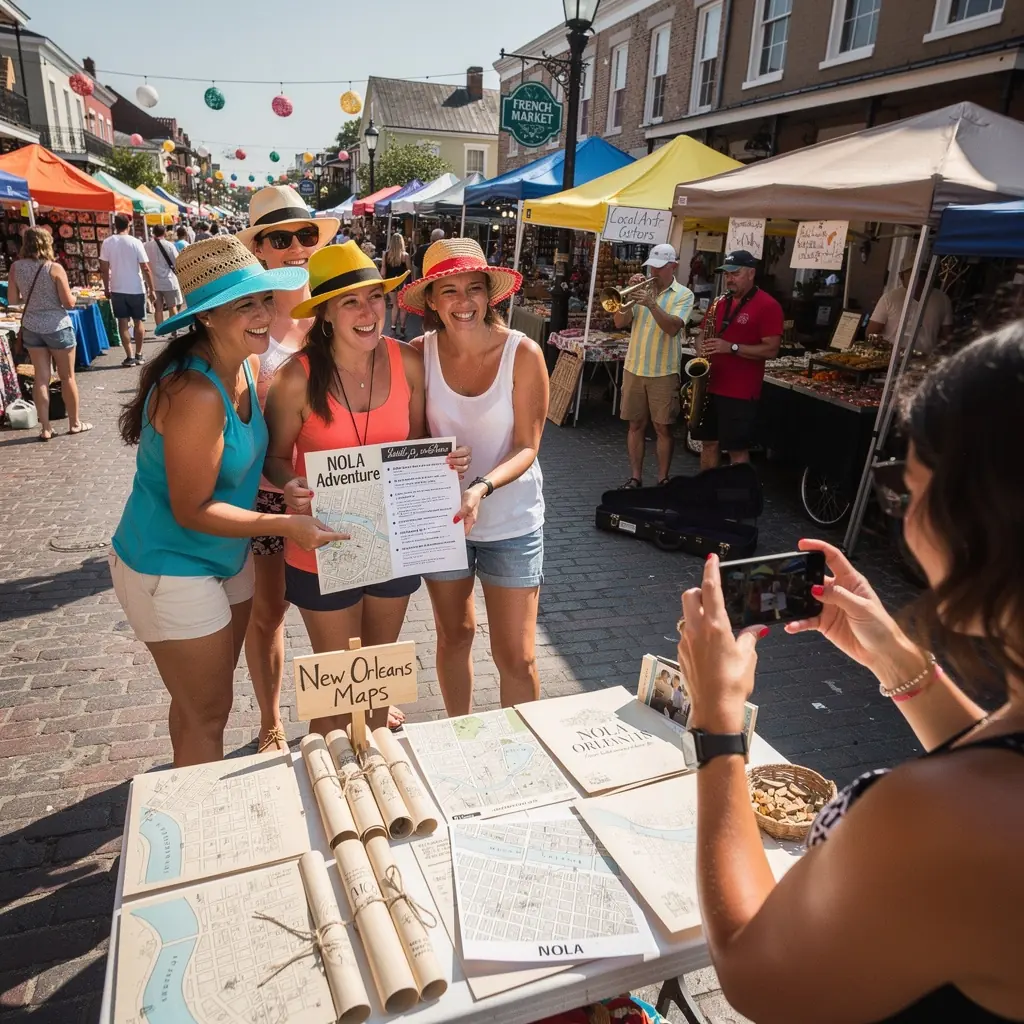 Grupa turystów korzystających z papierowych map podczas zwiedzania.